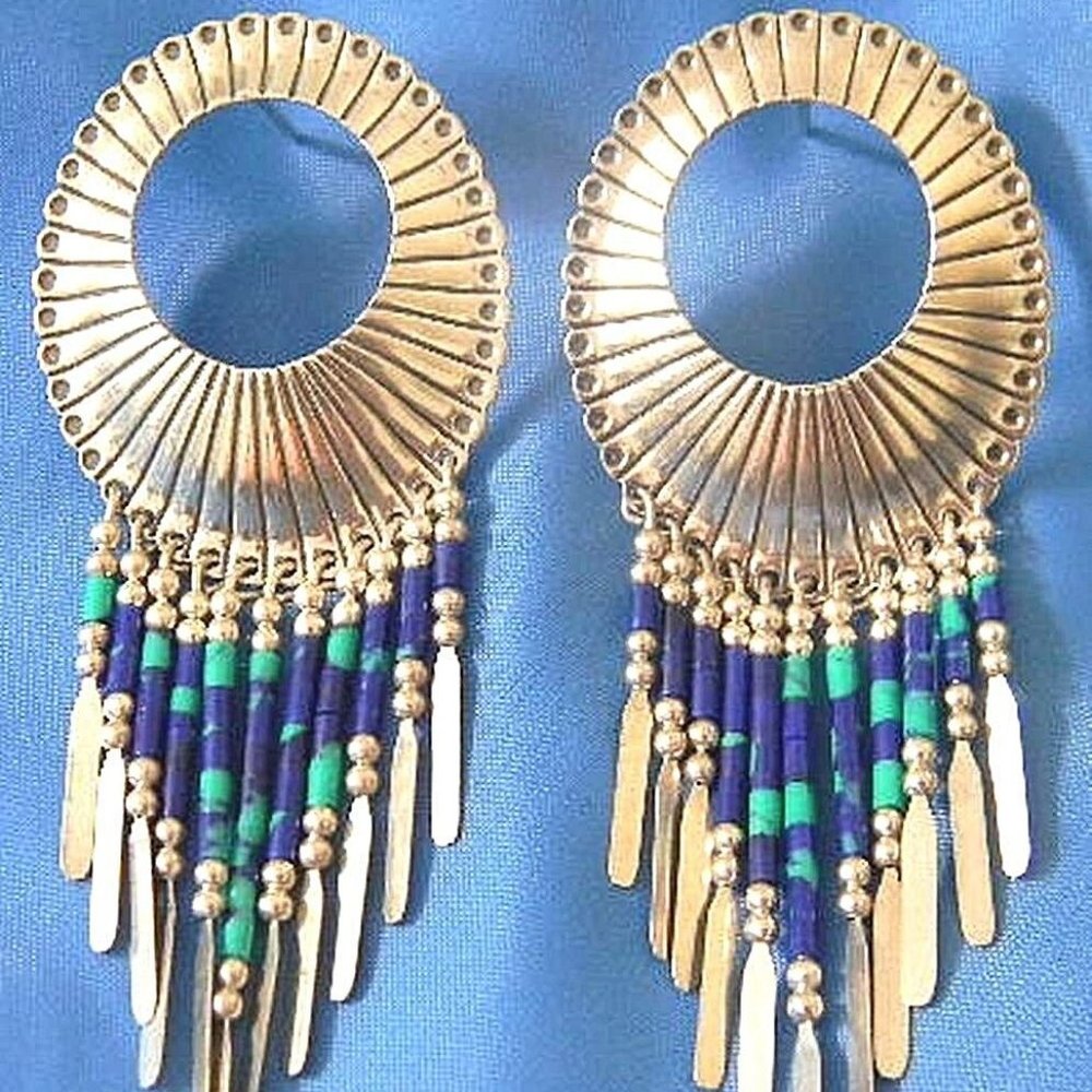 Q.T Turquoise Lapis sterling silver large earrings Navajo Native 29mm x 75mm